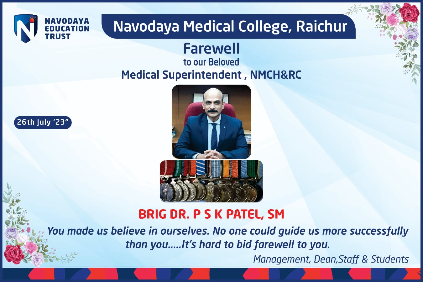 Farewell to out Beloved Medical Superintendent , NMCH&RC