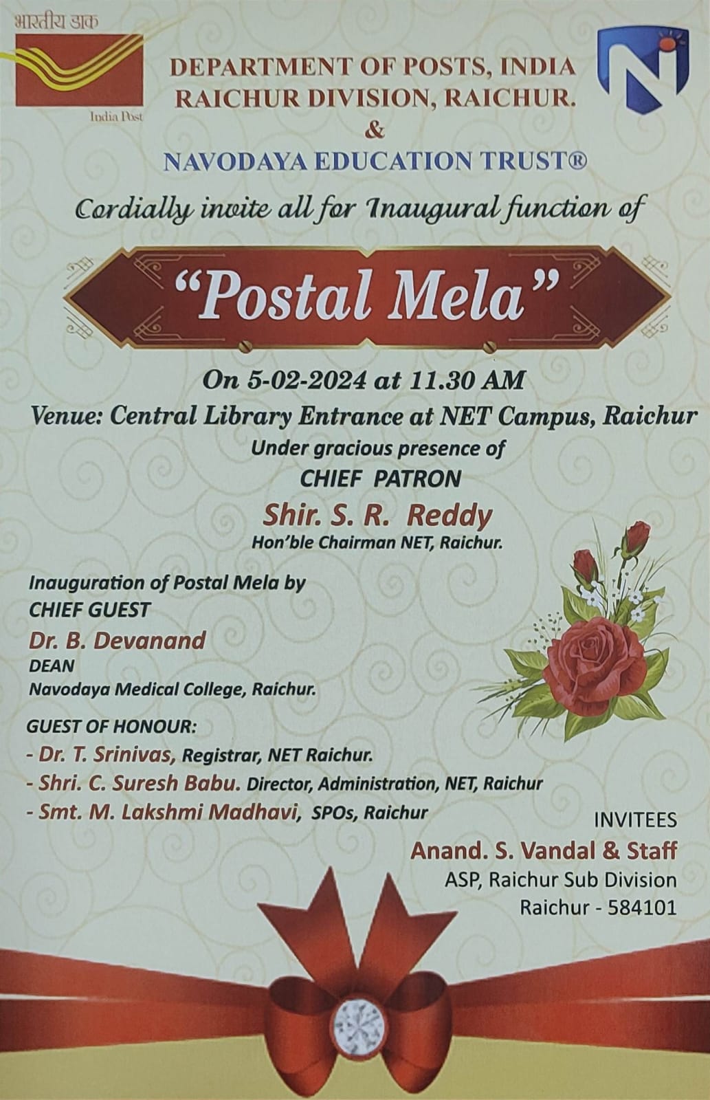 THE POST MELA Inaugural Function, Department of Posts ,India Raichur And Navodaya Education Trust, took place on February 5 ,2024 at Central Library Entrance of NET Campus in Raichur. 