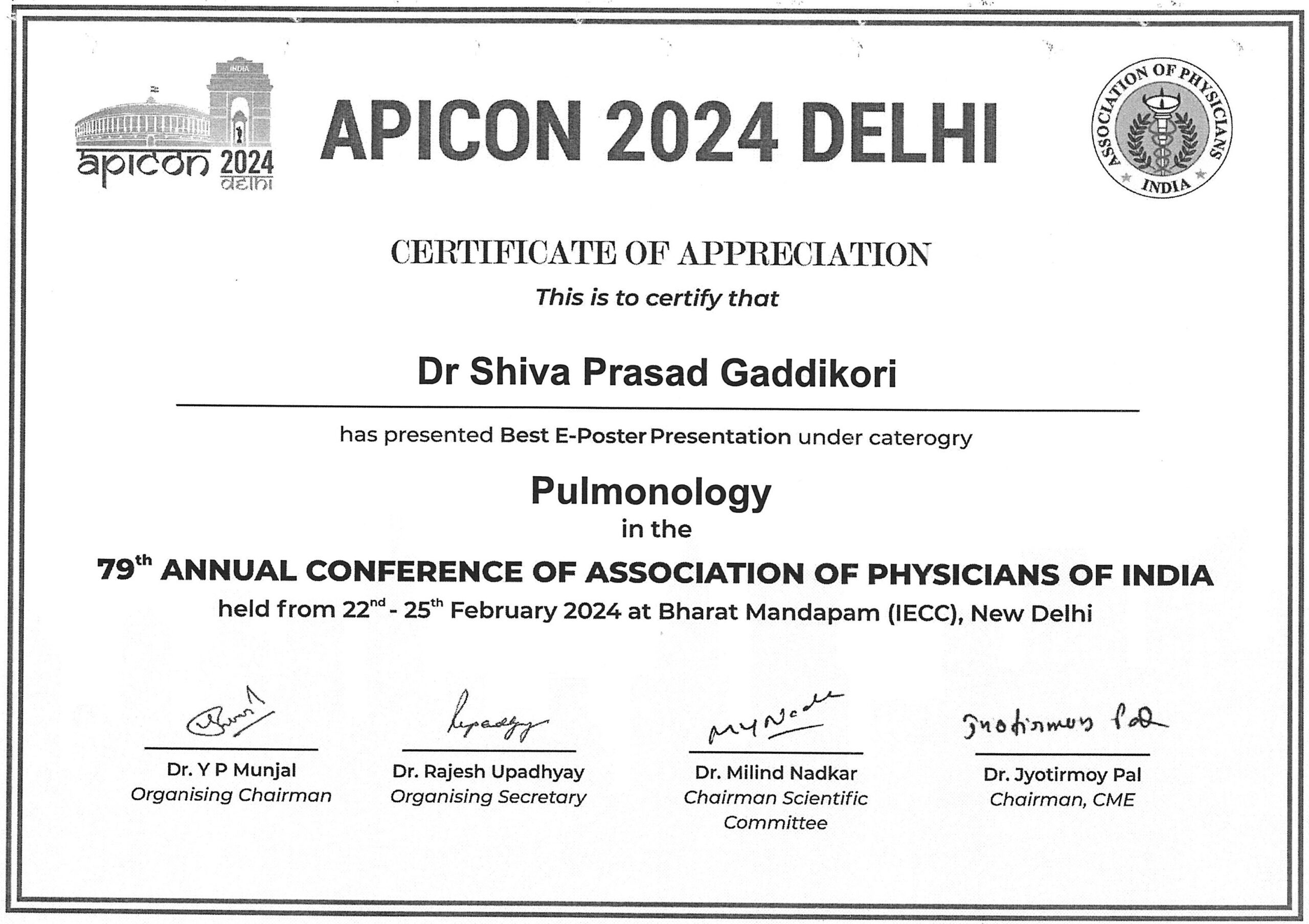 Dr Shivaprasad Gaddikeri has received a merit award for E – Poster presentation i.e “APICON 2024
